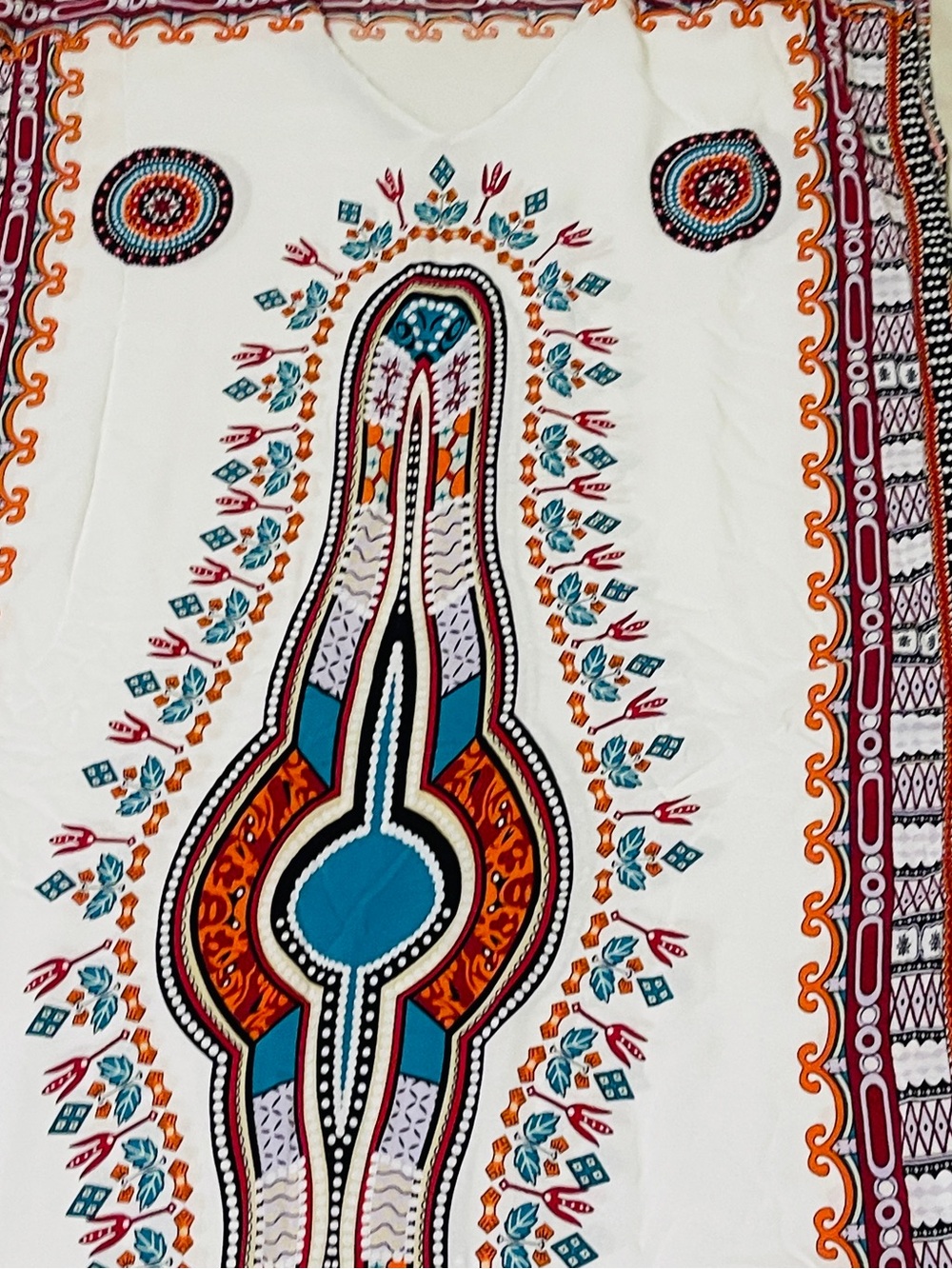 Kaftan White Dashiki Tunic with Teal & Orange Motif